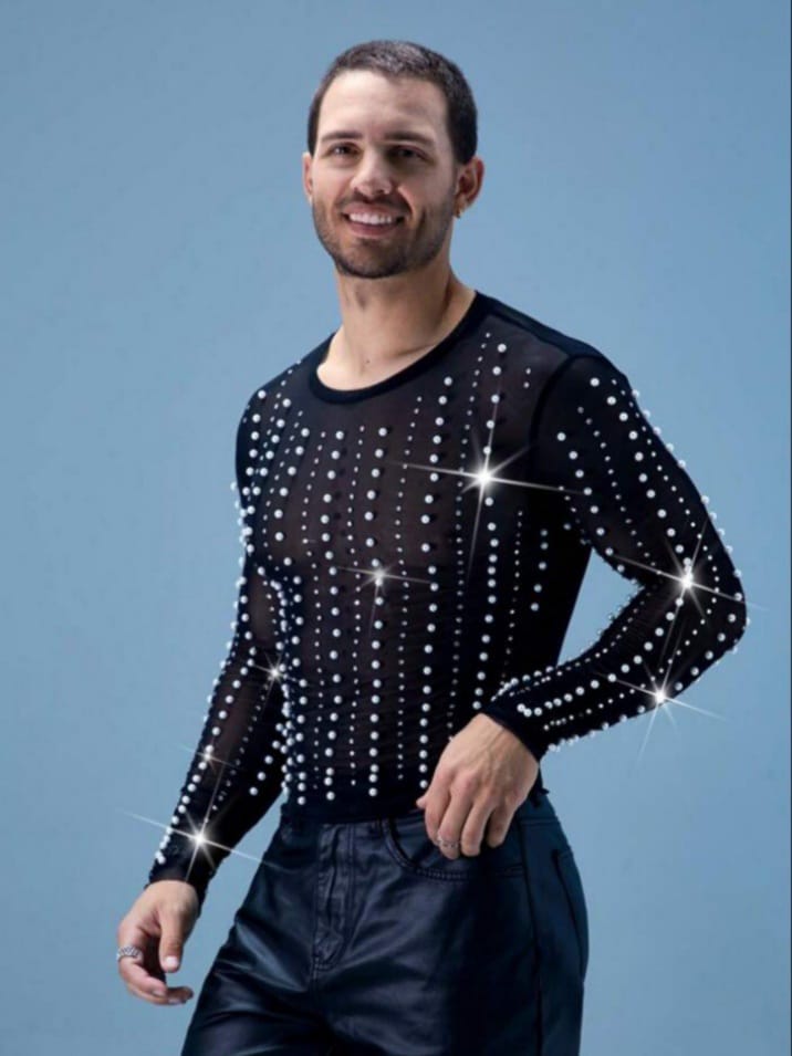 Uptown Funky Men's Crew Neck Long Sleeve Tight Fitted Short Sequins See Through Sexy T-Shirt